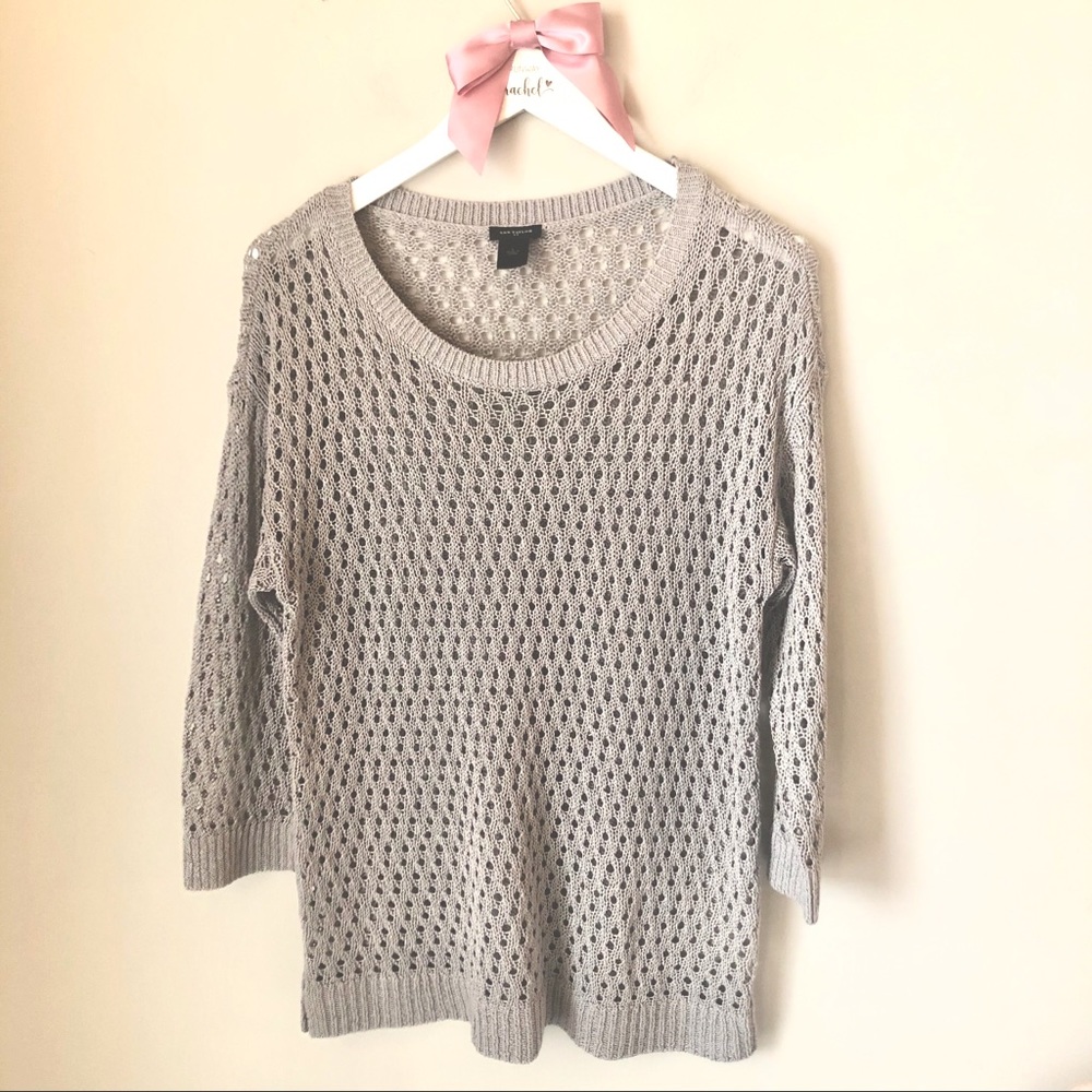 Ann Taylor Crochet Sweater Silver‎ Gray Open Weave Knit Large